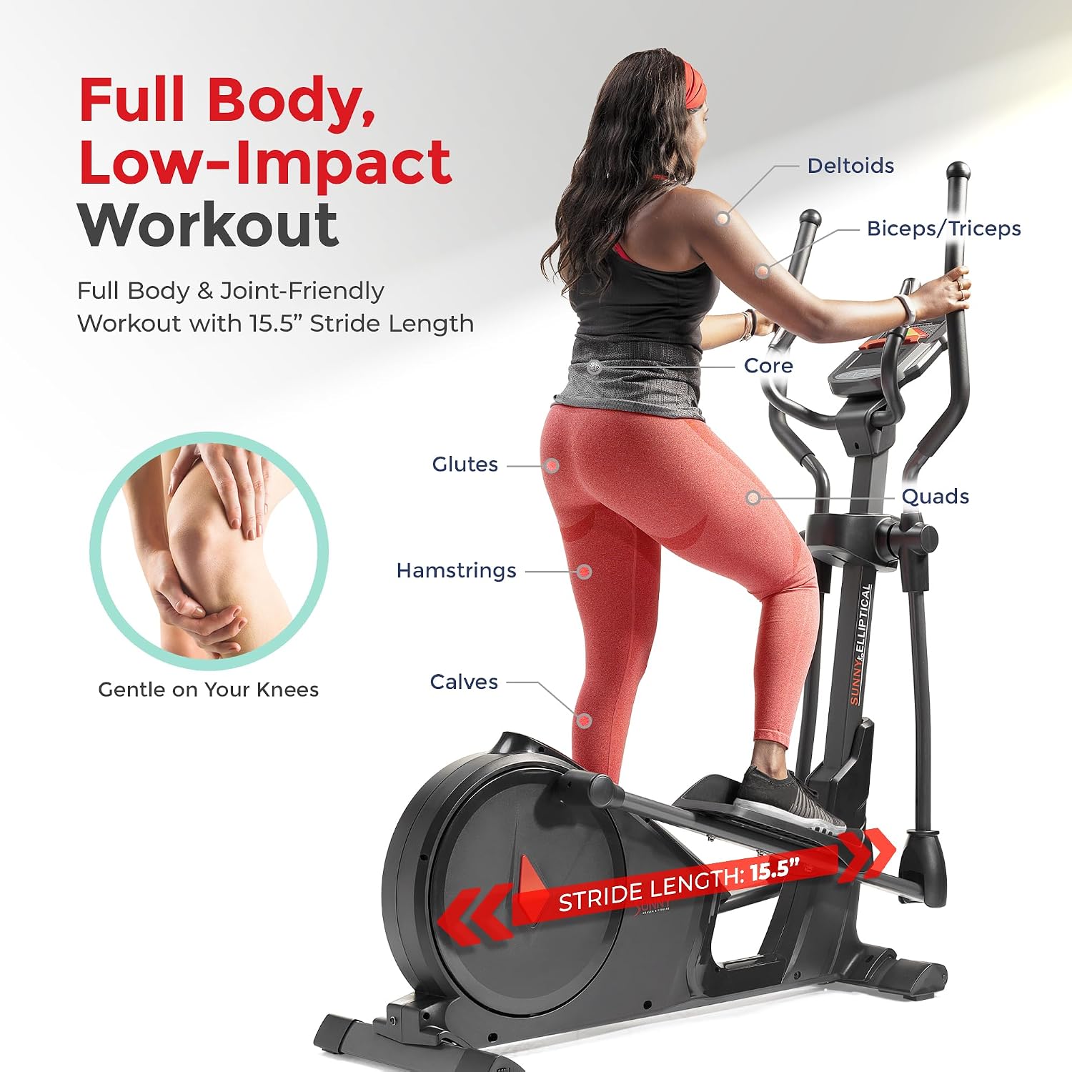 Sunny Health & Fitness Elliptical Machine with Extended Stride, Ultra Quiet 300 lbs Capacity Cross Training Cardio Fully Body Exercise for Home, Sunny Fit App Access, Optional 12' or 16' Stride Length