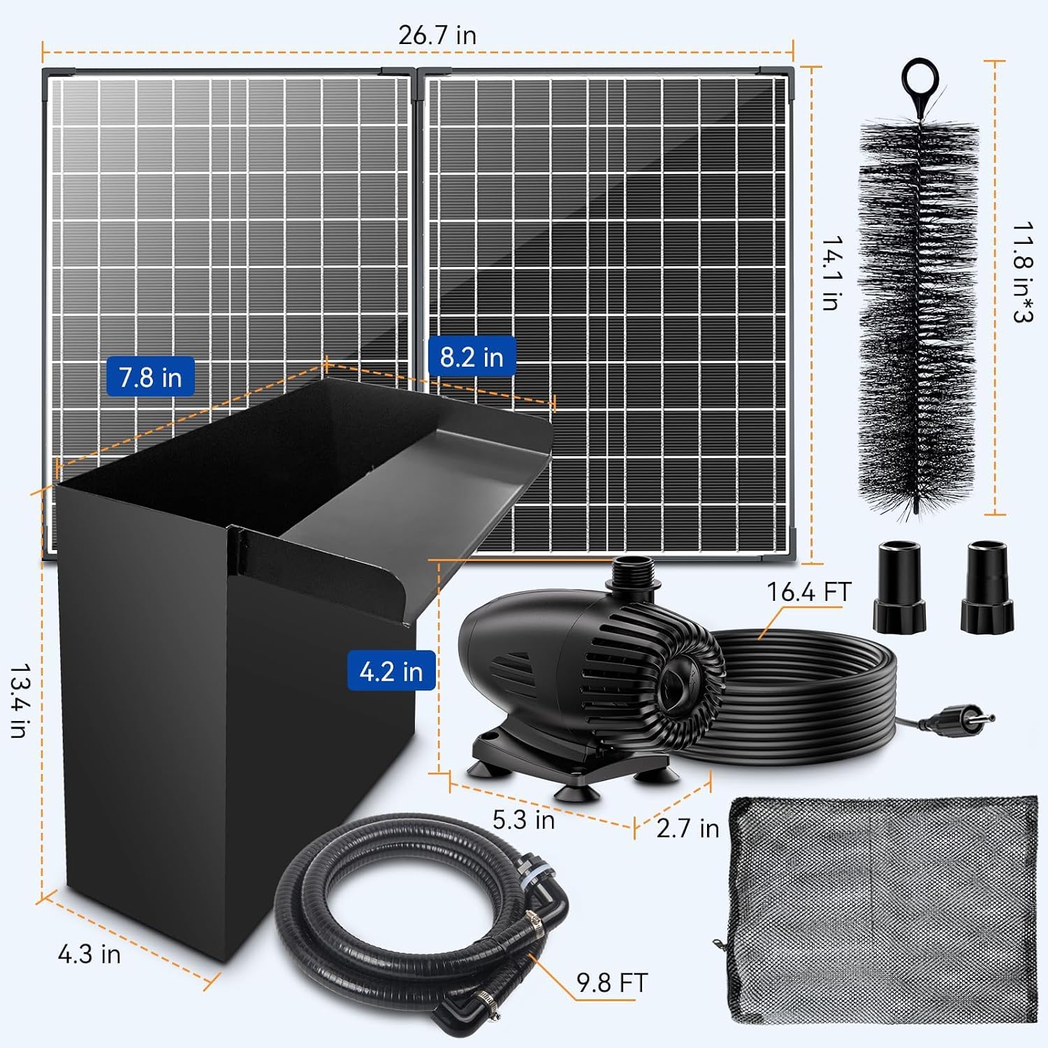 POPOSOAP 55W Solar Pond Waterfall Box with Fountain Pump, 304 Stainless Steel Pond Waterfall Spillway, Pond Spillway with 9.8FT PU Corrugated Tubing for Garden Waterfall,Water Features-P5552H