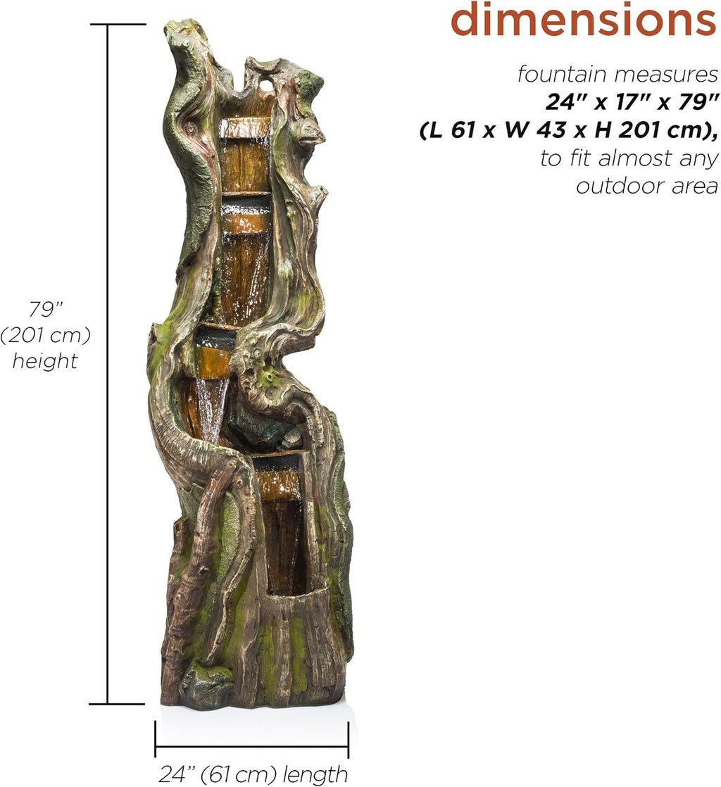Alpine Corporation TVH156 79' Outdoor Floor Cascading Tree Trunk Water Fountain with LED Lights, Waterfall with Lights, Brown