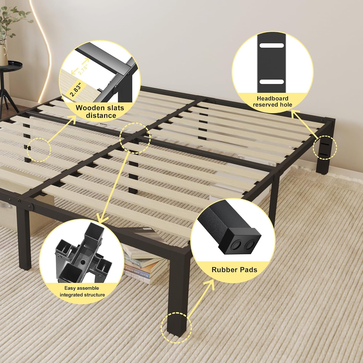 ROIL 14 inch Queen Size Bed Frame with Wood Slats - 3500lbs Heavy Duty No Box Spring Needed Platform, Mattress Stoppers Double Metal Noise Free Bedframe with Headboard Hole