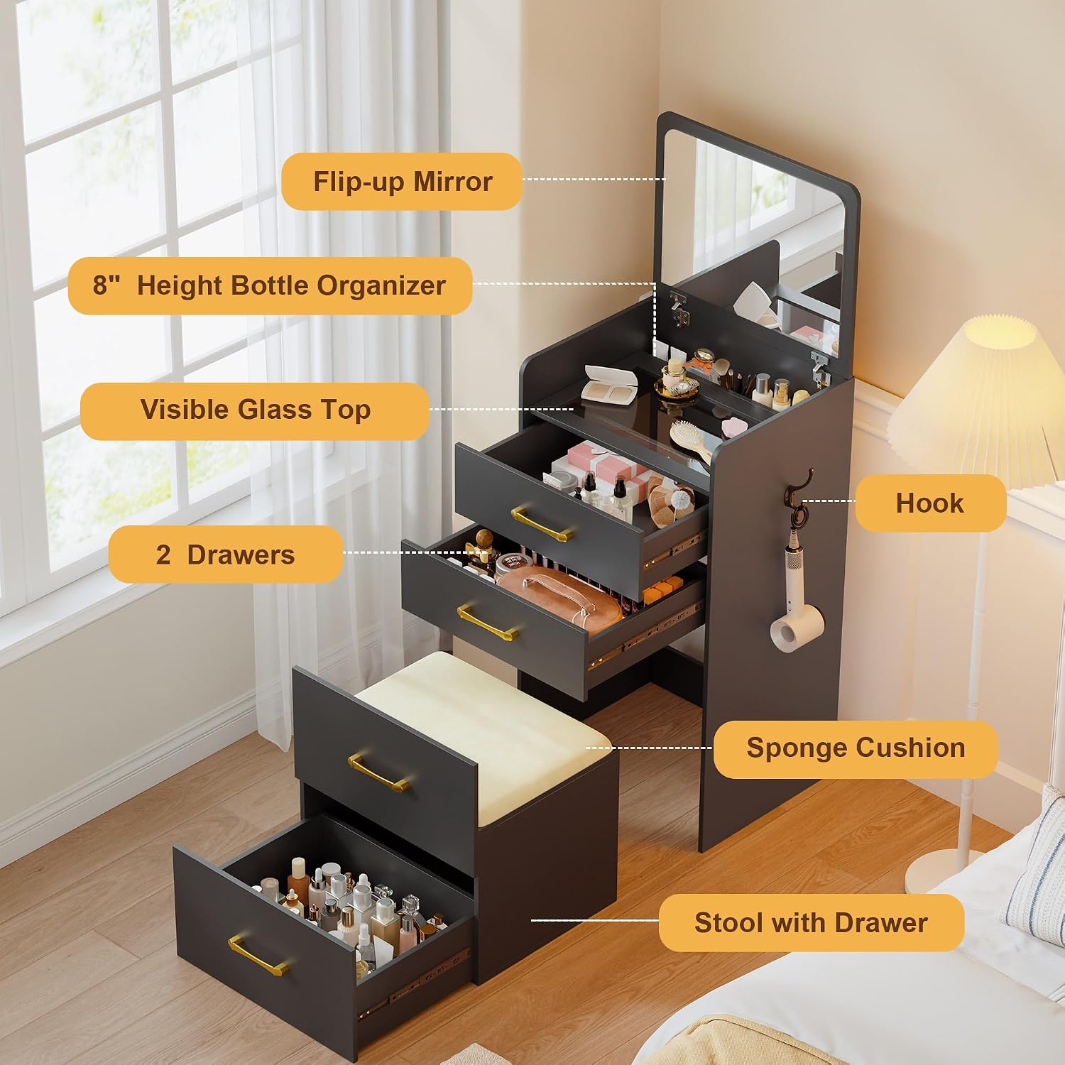 3 in 1 Make Vanity Desk with Flip Top Mirror,Glass Top Makeup Vanity Table with Cushioned Stool,Small Dressing Table with 3 Drawers,Compact Vanity Set for Apartment,Dormitory(Black)