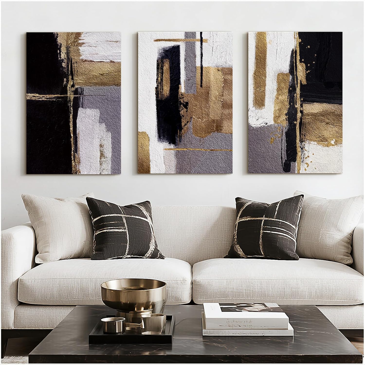 Bzstyleart Large Abstract Wall Art for Living Room, 3 Piece Modern Textured Wall Art Minimalist Painting Picture Print for Hallway Office Bedroom, Neutral Abstract Artwork, Black & Gold, 24 x 36 Inch