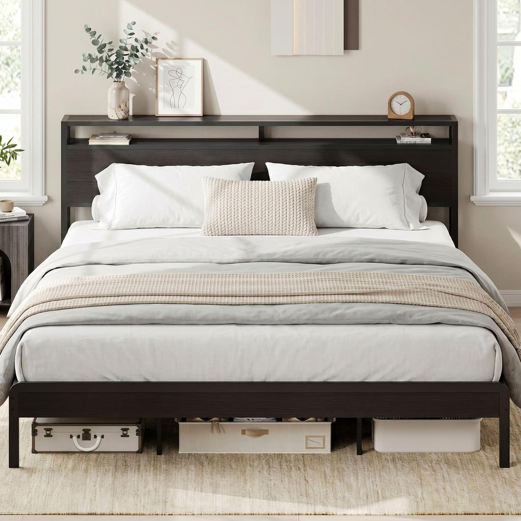 LIKIMIO King Bed Frame with Headboard, Dark Wood Camas King with Strong Supports, Sturdy, Noise-Free, No Box Spring Needed, Classic Black