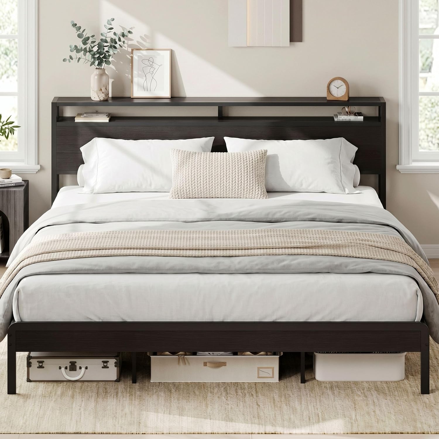 LIKIMIO King Bed Frame with Headboard, Dark Wood Camas King with Strong Supports, Sturdy, Noise-Free, No Box Spring Needed, Classic Black