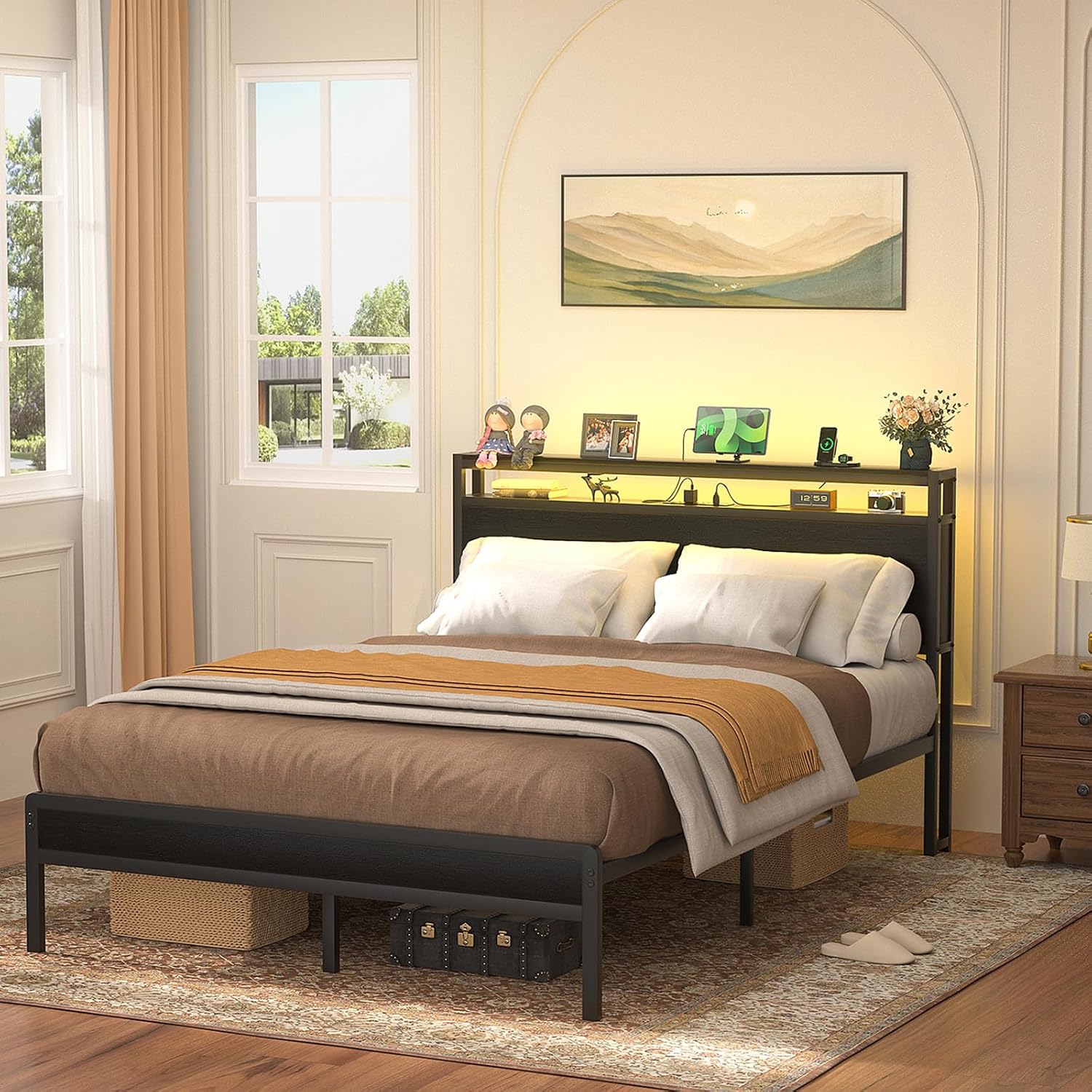 Homieasy Full Size Bed Frame with Headboard, Industrial Metal Full Bed Frame with Charging Station & LED Lights, Noise-Free Platform Bed, No Box Spring Needed, Black