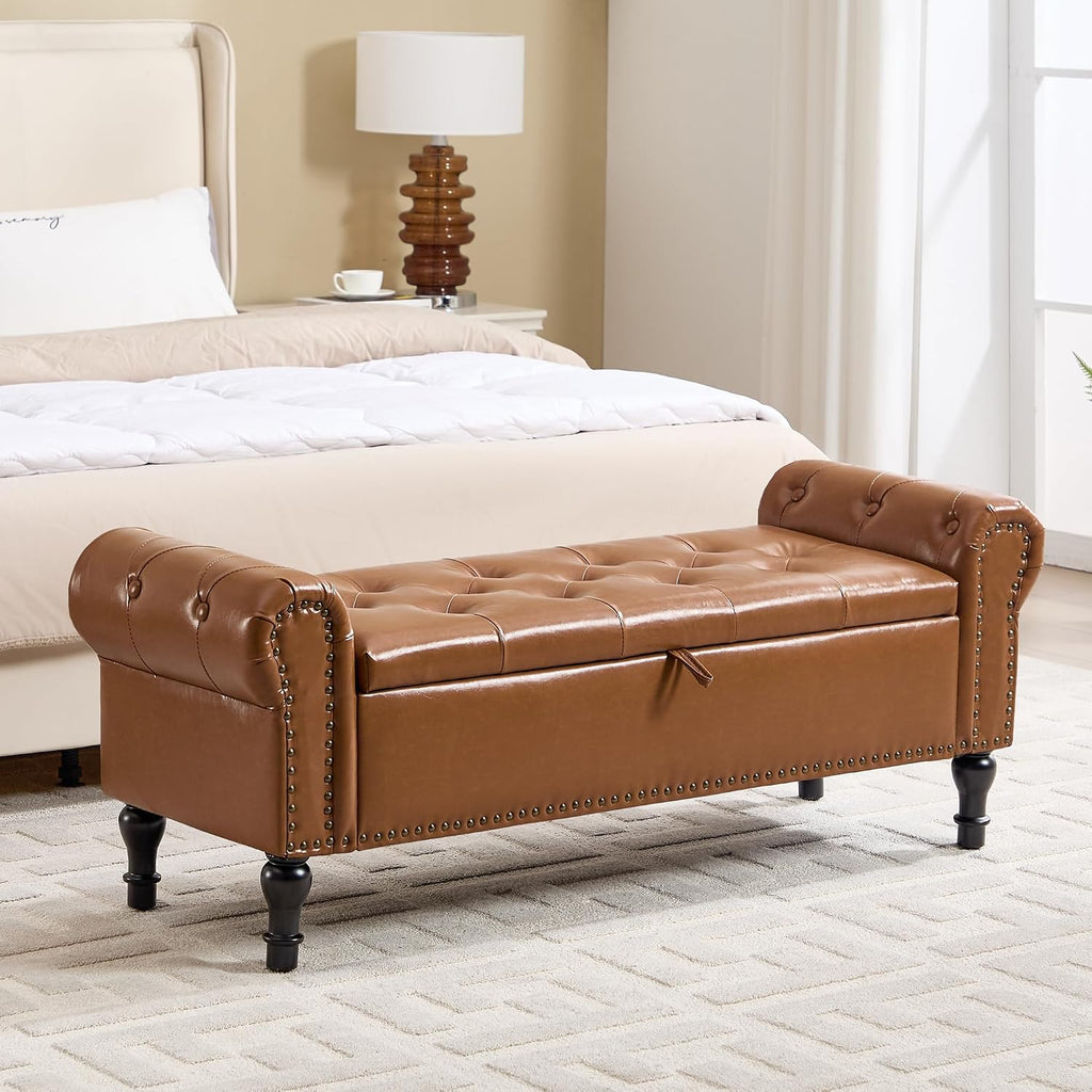 Storage Bench for Bedroom, 51' Upholstered End of Bed Bench, Faux Leather Queen Size Benches with Rolled Arms, Tufted Button Storage Long Ottoman, Living Room, Entryway, Brown