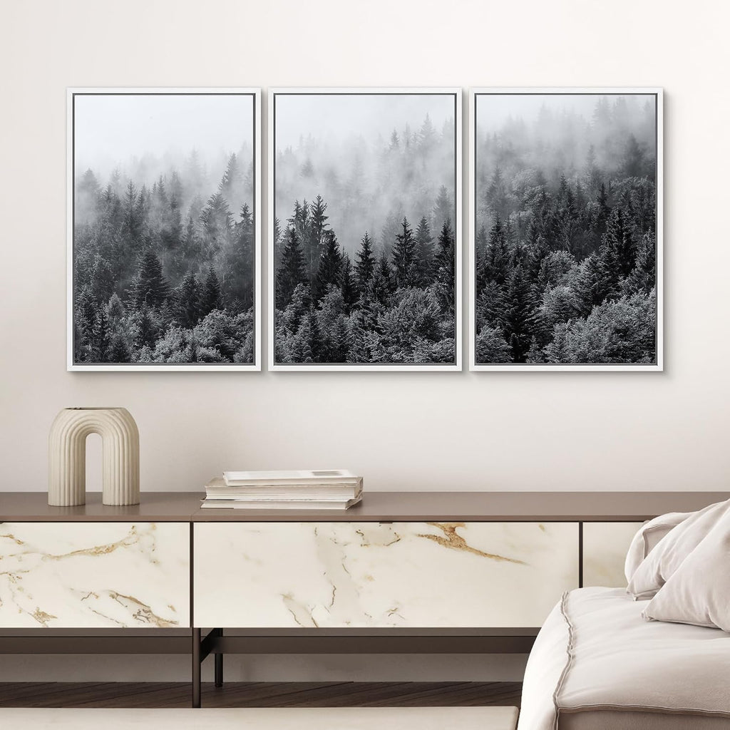SIGNWIN Framed Canvas Print Wall Art Set Black & White Misty Mountain Forest Nature Wilderness Photography Modern Art Chic Landscape Relax/Calm for Living Room, Bedroom, Office - 24'x36'x3 White