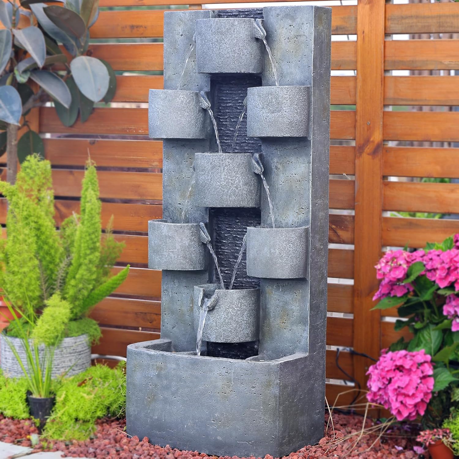 Tankana Outdoor Water Fountain Garden - Waterfall Large Water Feature Fountains with LED Lights & Pump, Concrete Artistry for Patio Yard Pool Home Decor, (45 inches Tall, Gray)
