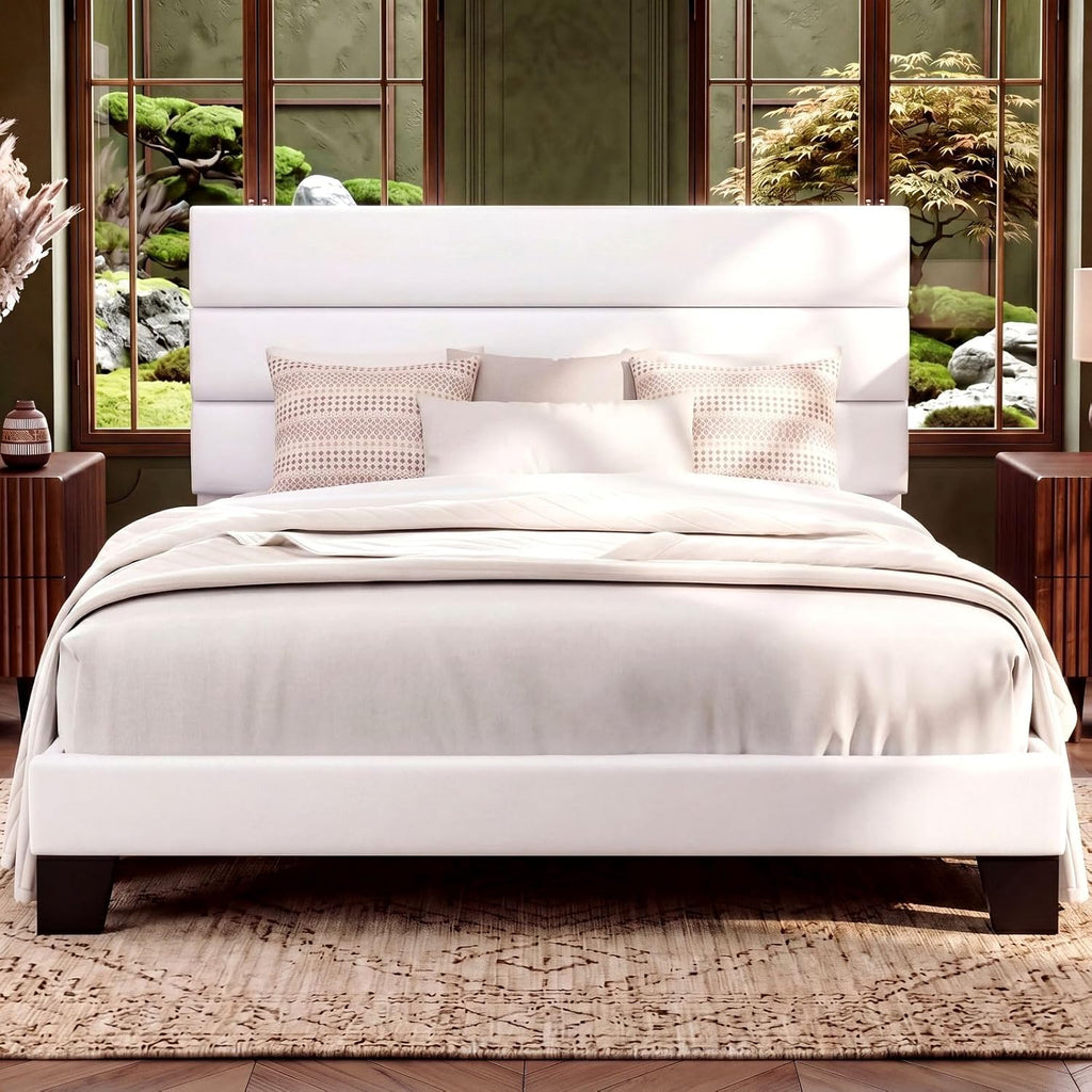 Allewie Full Size Platform Bed Frame with Velvet Upholstered Headboard and Wooden Slats Support, Fully Upholstered Mattress Foundation/No Box Spring Needed/Easy Assembly, White