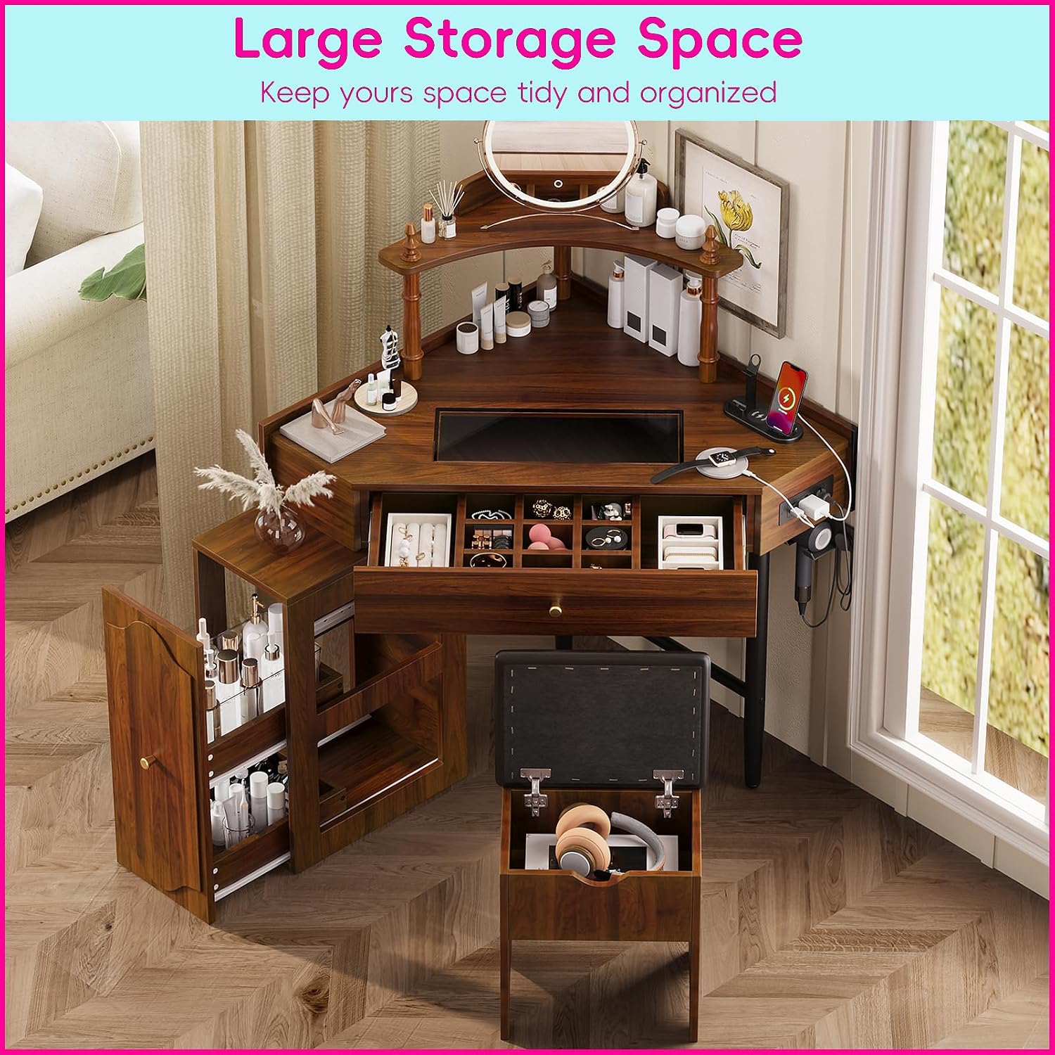 Corner Vanity Desk with Storage Stool Triangle Makeup Desk with Removable Pull-Out Side Cabinet Glass Tabletop Dressing Table with Drawer and Shelf for Bedroom, Walnut