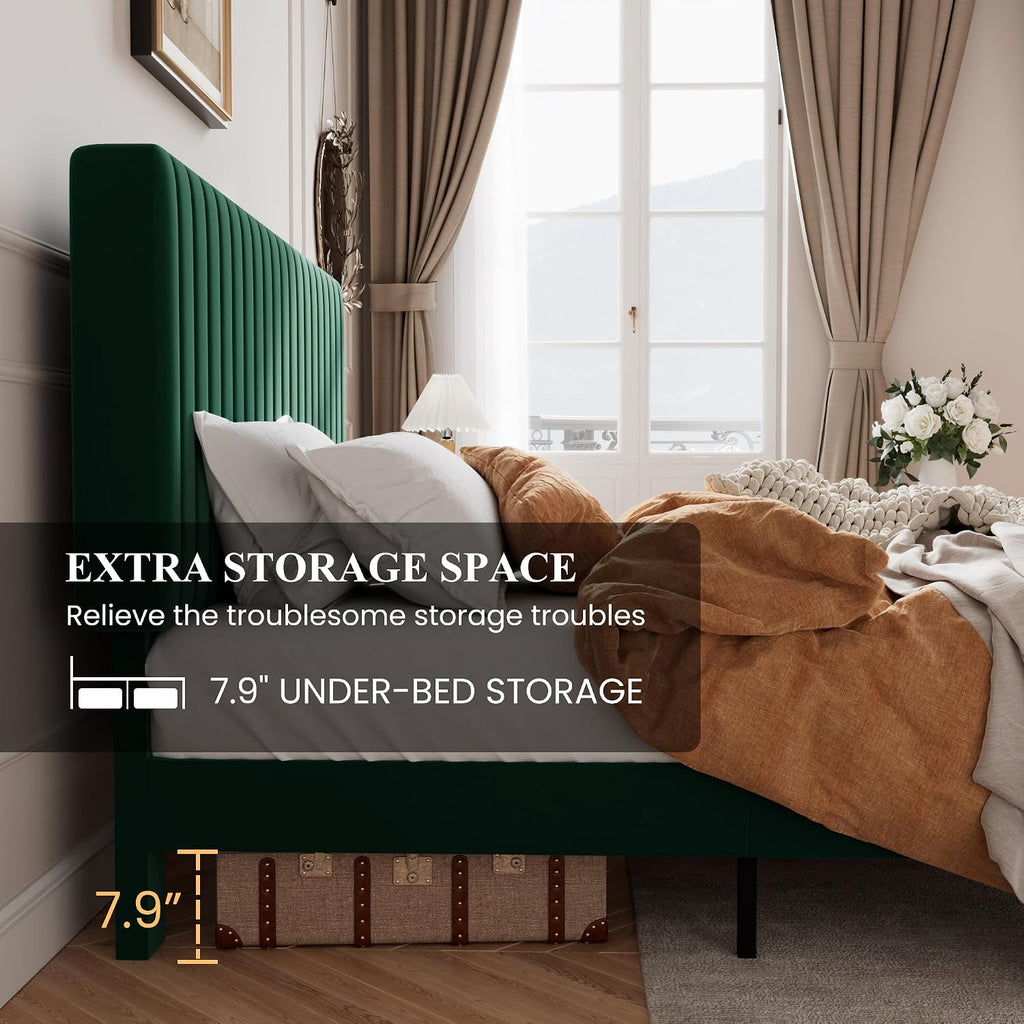 SHA CERLIN King Upholstered Platform Bed Frame with Vertical Channel Tufted Velvet Fabric Adjustable Headboard, Wooden Slats Support, Mattress Foundation, Box Spring Optional, Green