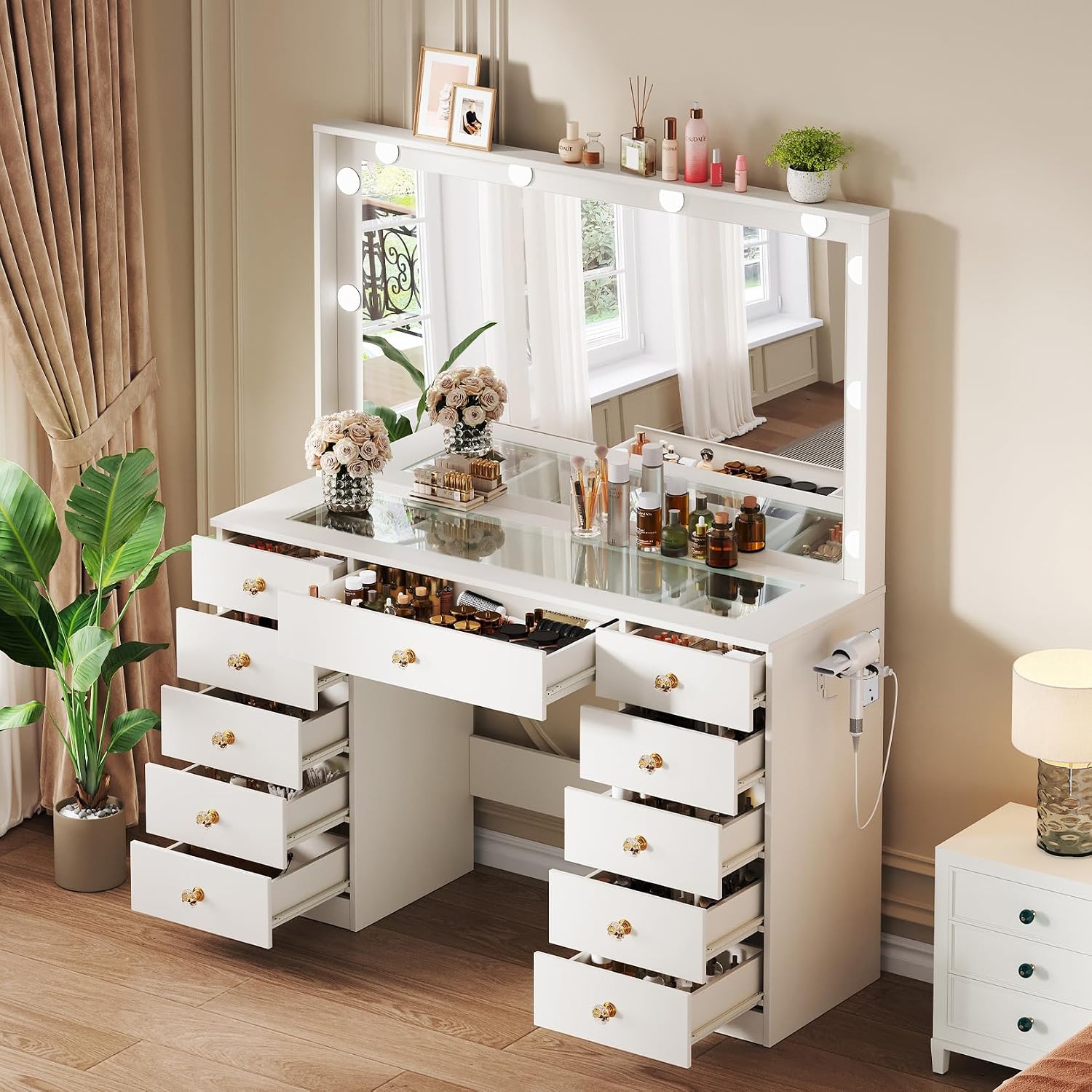 Vanity Desk with Large Mirror and 10 LED Lights, Glassstop Makeup Vanity Desk with 11 Drawers & Power Outlet & Hair Dryer Stand, Dressing Table with Crystal Handles for Girls, Women (White)