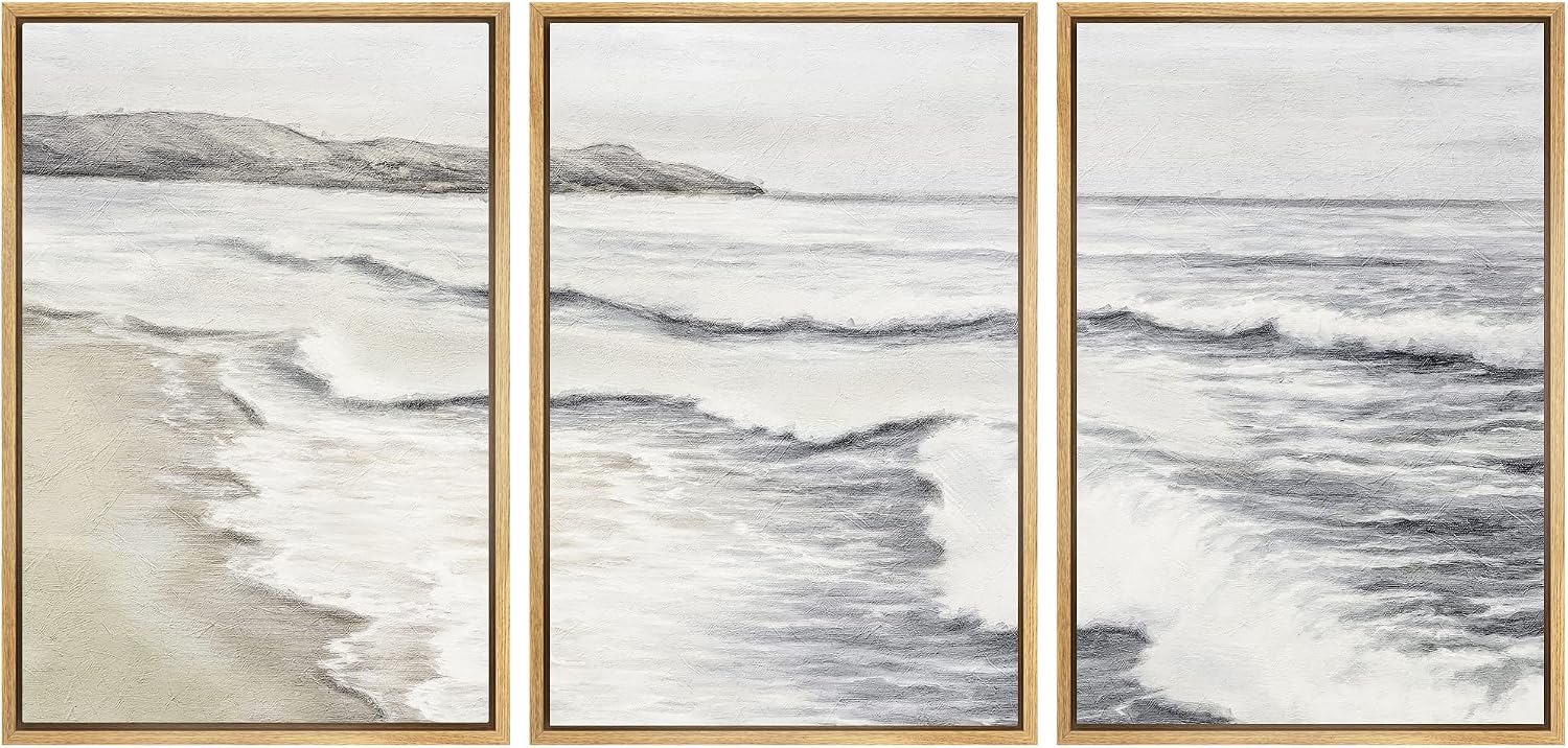 SIGNWIN Framed Canvas Print Wall Art Set Ocean Wave Beach Shore Seascape Nature Wilderness Illustrations Modern Art Decorative Scenic Rustic Zen for Living Room, Bedroom, Office - 16'x24'x3 Natural