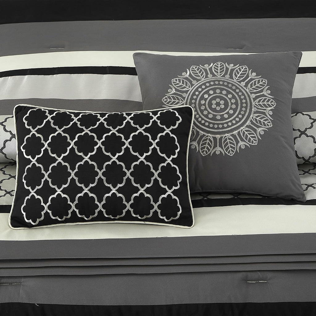 LANCO MODERN LIFESTYLE California King Comforter Set, Black Gray Bedding Set, Jacquard Woven with Embroidery, 8 Pieces Bed in a Bag, Bed Skirt, Shams and Decorative Pillows