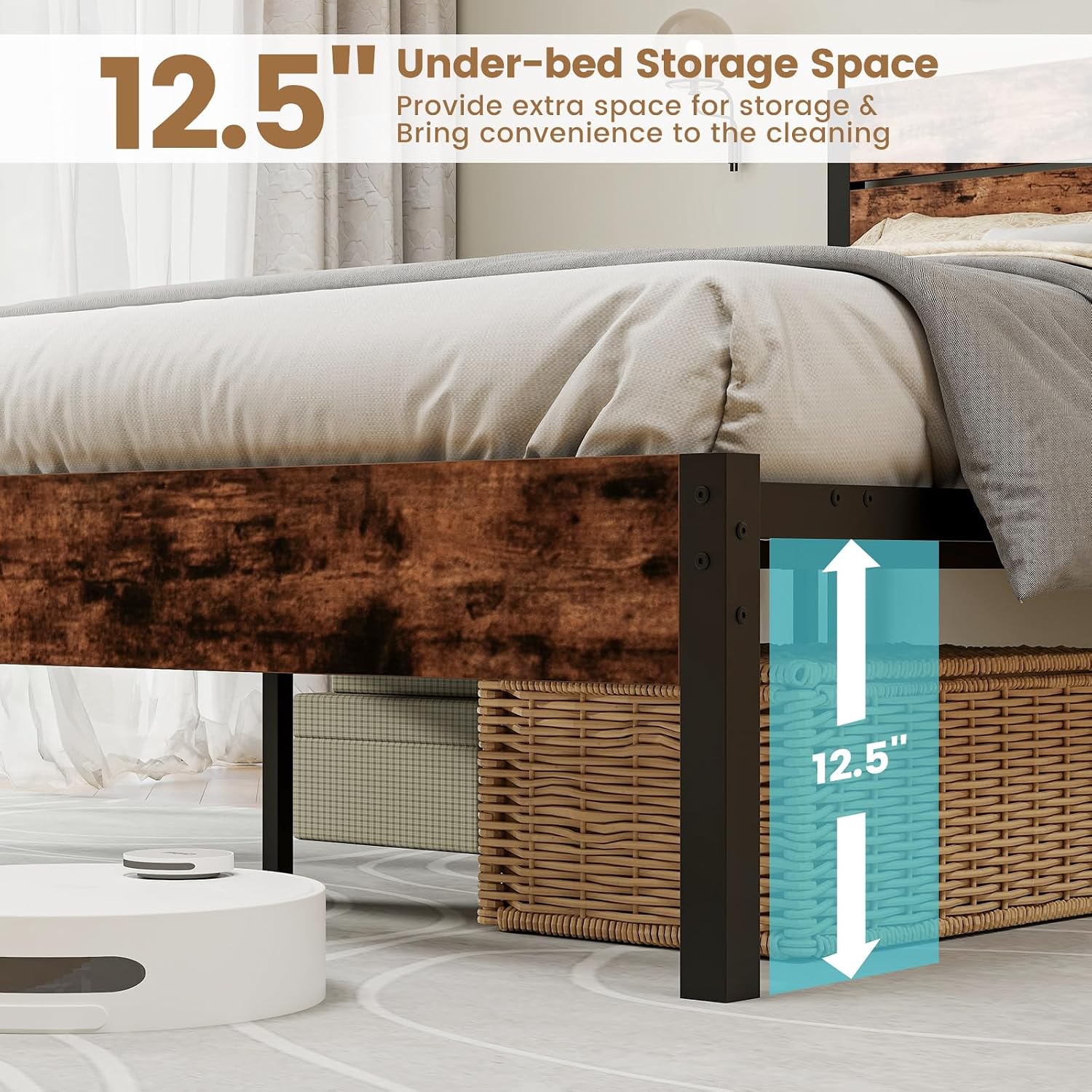 GOFLAME King Size Bed Frame, Metal Platform Bed with Under-Bed Storage Space & Slatted Headboard, Industrial Bed Base, No Box Spring Needed Mattress Foundation, Rustic Brown