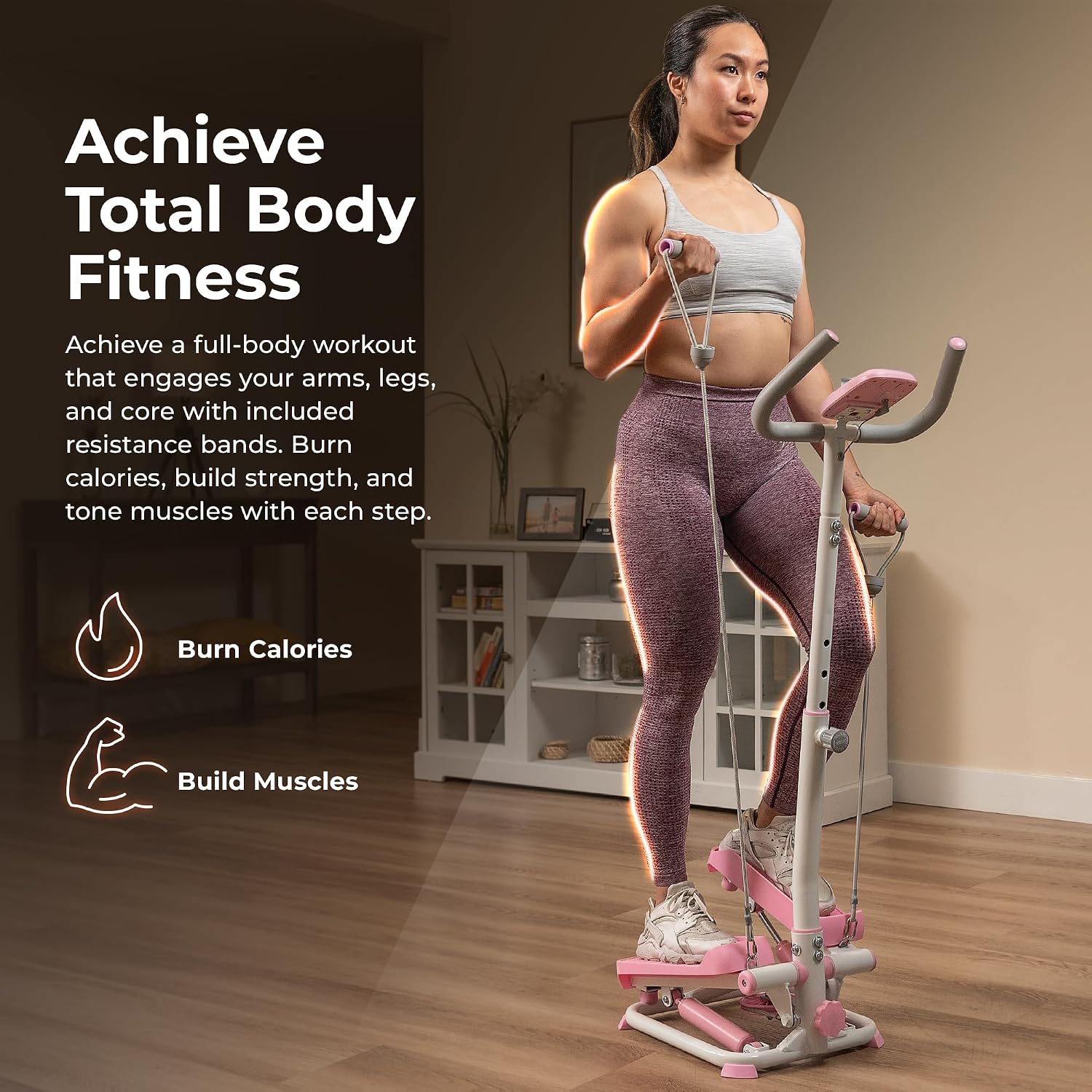 Sunny Health & Fitness Total Body 2-in-1 Smart Stepper Machine for Home with Handlebar and Resistance Bands
