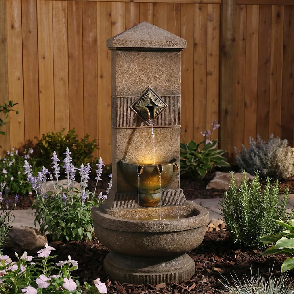 Bumilgar Outdoor Wall Fountain with LED Lights, 39.96' H Freestanding Garden Water Fountain, Large Floor Standing Patio Waterfall Feature, European Resin Flat Back Yard Courtyard Porch Décor