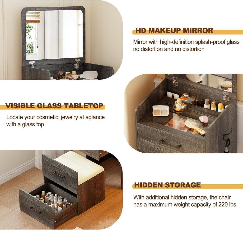 Lvifur Small 3-in-1 Vanity Desk with Mirror, Compact Makeup Table w/Cushioned Stool, Modern Grils' Dressing Table Vanity Set for Bedroom (Dark Rustic Oak)