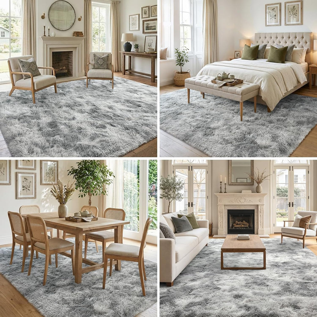 9x12 Ft Extra Large Shag Rugs for Living Room, Tie Dyed Ultra Soft Fluffy Furry Area Rugs for Bedroom Indoor Floor, Aesthetic Carpet for Kids Home Decor (Grey)