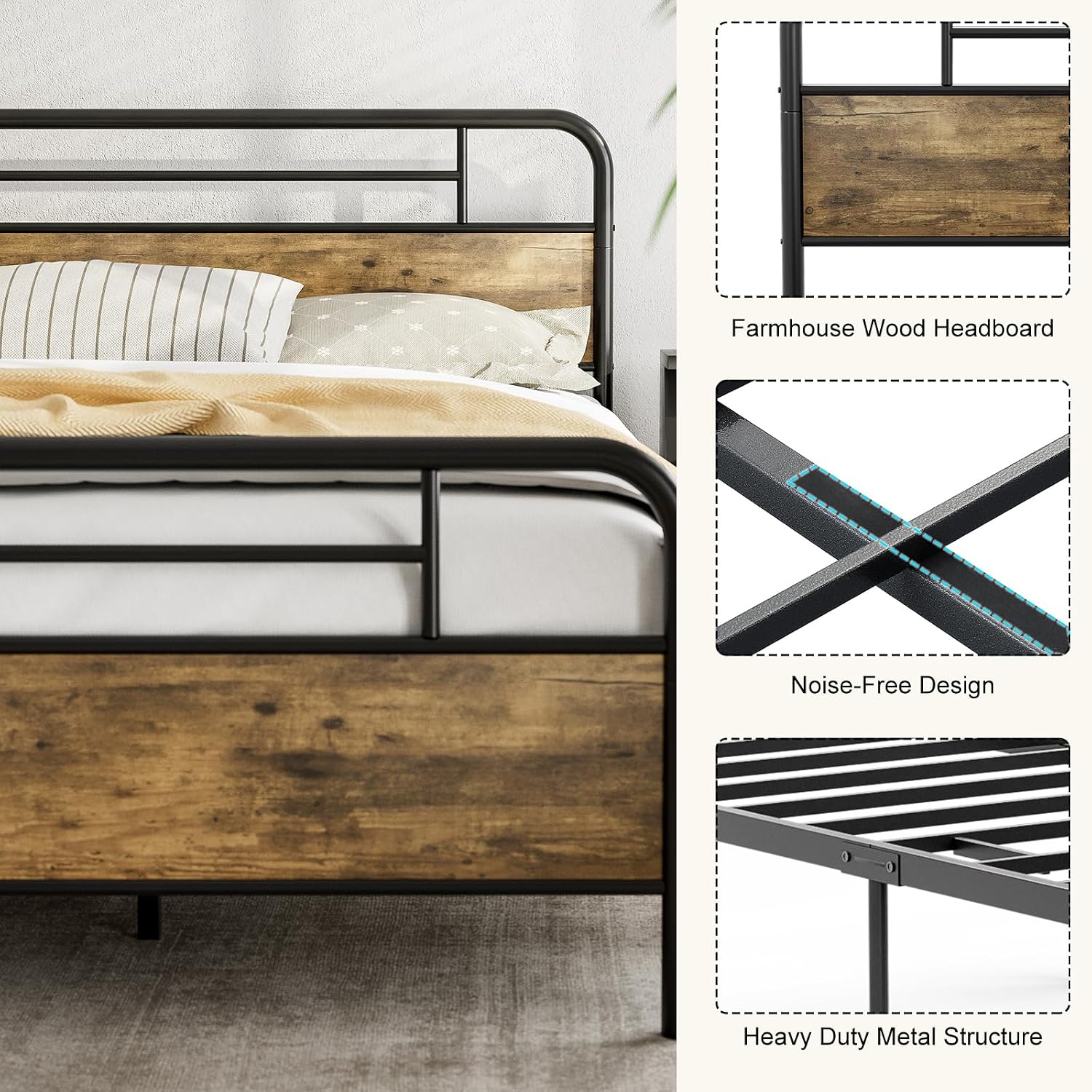 IKIFLY California King Bed Frames with Wood Headboard Footboard, Farmhouse Metal Cal King Platform Bed, Heavy Duty Steel Slats, 12' Under Bed Storage, Noise Free, No Box Spring Needed - Rustic Brown