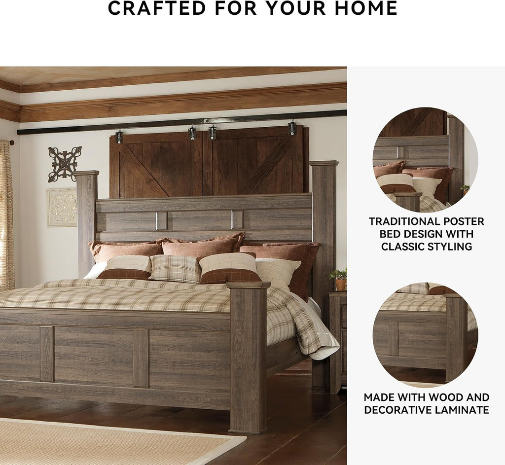 Signature Design by Ashley Juararo Casual King Poster Bed with Metal Slats, Foundation or Box Spring Needed, Dark Brown