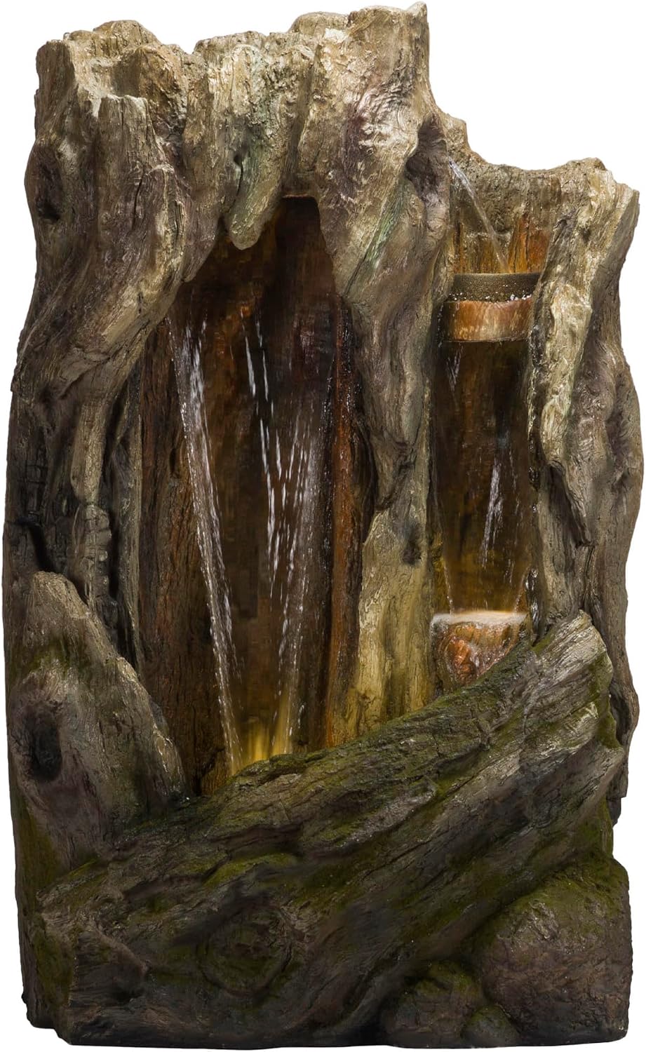Alpine Corporation 62' Rustic Outdoor Tree Trunk Waterfall Fountain with LED Lights – Natural Wood-Look Water Feature for Gardens, Patios, Yards, and Landscaping Decor, Resin