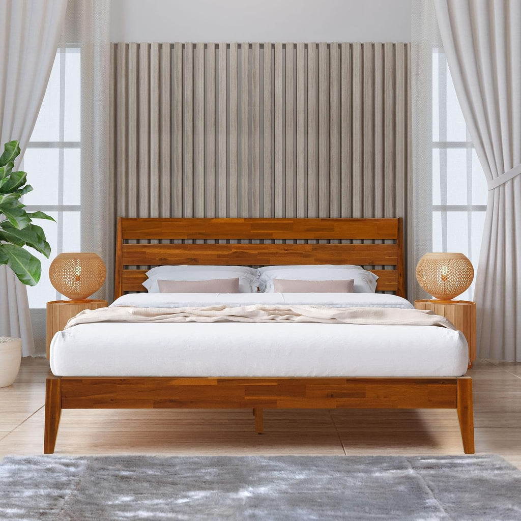 Acacia Emery Bed Frame with Headboard 100% Solid Wood Platform Bed, Mid Century Modern Wood Bed Compatible with All Mattresses, Non-Slip and Noise-Free, 30 Mins Assembly, King Size Bed Frame, Caramel