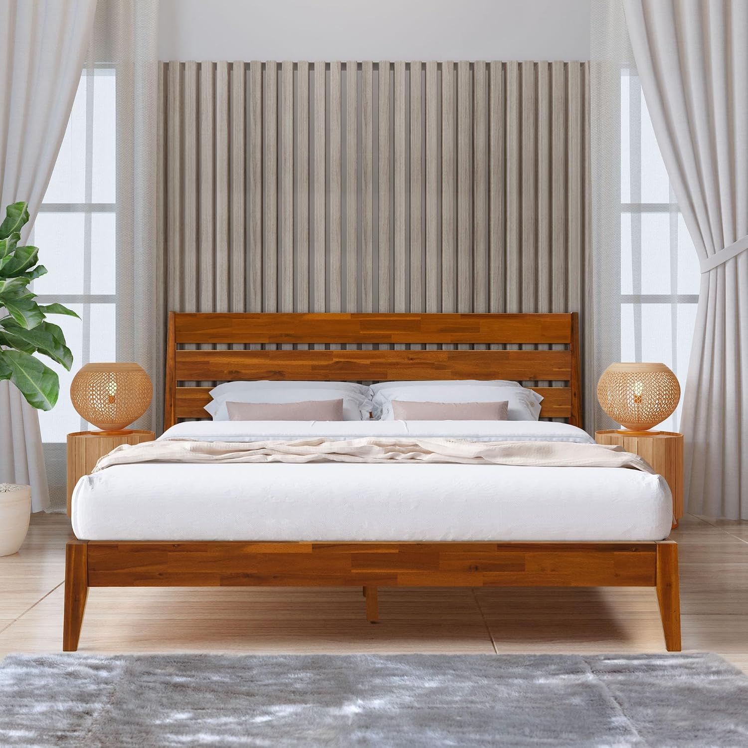Acacia Emery Bed Frame with Headboard 100% Solid Wood Platform Bed, Mid Century Modern Wood Bed Compatible with All Mattresses, Non-Slip and Noise-Free, 30 Mins Assembly, King Size Bed Frame, Caramel