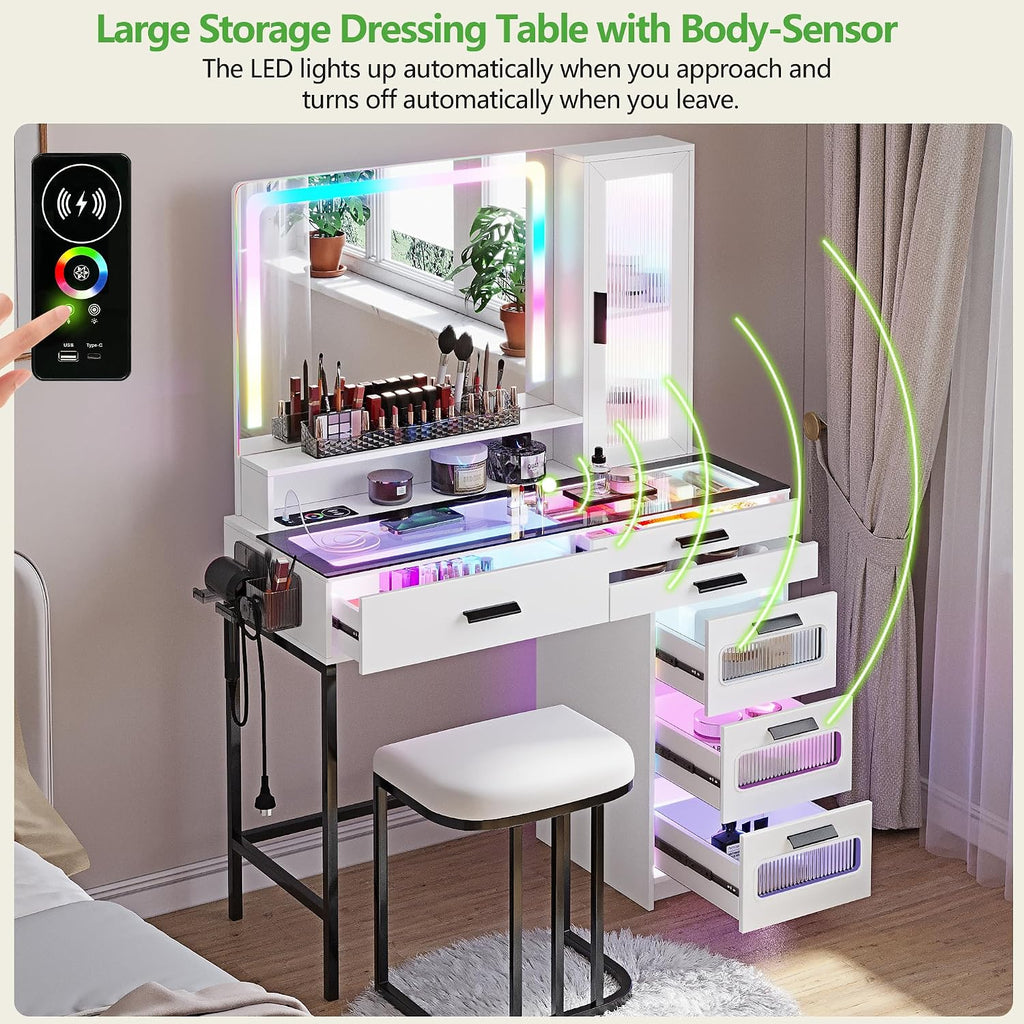 HENBC Vanity with Mirror and LED Lights, Glass Top Vanity Desk with Charging Station(Wireless+USB+Type-C), RGB Makeup Table Set with Stool/Makeup Organizer/6 Drawers for Bedroom,White