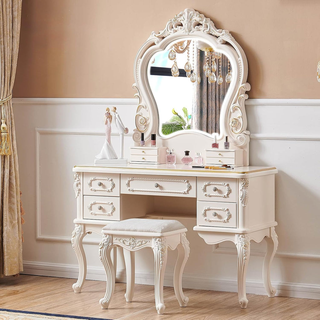 Mid Century Vanity Table with Mirror and Stool, Makeup Vanity Desk with Lights and Drawers for Jewelry & Cosmetics, Vintage European Vanities & Vanity Benches for Bedroom,Widths: 43.3'