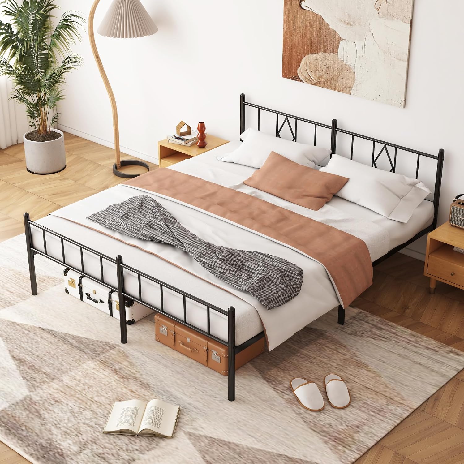 King Bed Fram 14 inch High Metal Platform Mattress Foundation King Size Bed Frame with headboard Footboard, Heavy Duty Bed Base, No Box Spring Needed Under Bed Storage Easy Assembly, Black