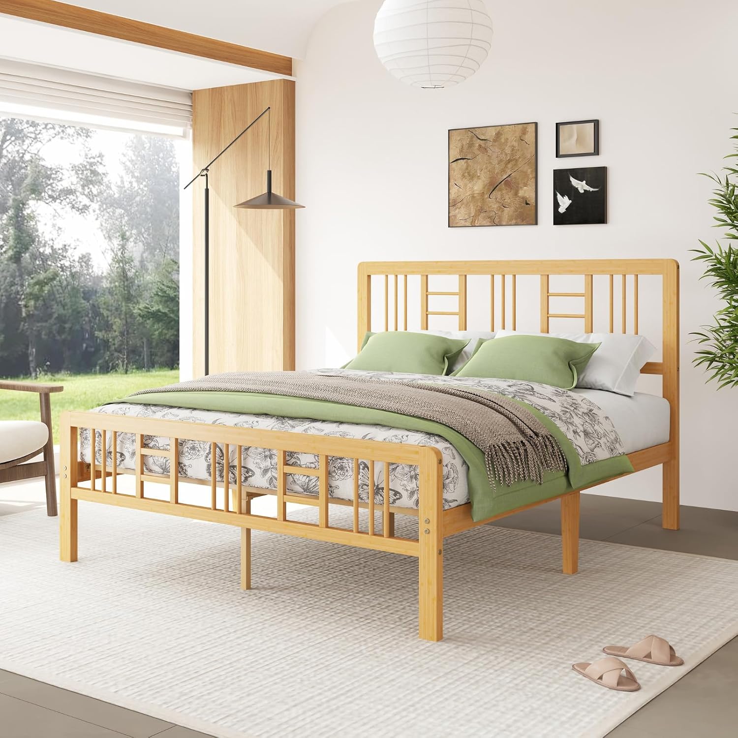 14 Inch Bamboo Wood Full Size Platform Bed Frame with Headboard and Footboard, Metal Slat Support Bed Frame Full Heavy Duty, No Box Spring Needed, Easy Assembly, Noise Free, Reinforced