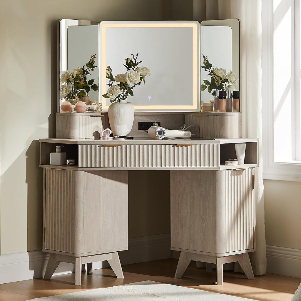 T4TREAM Fluted Makeup Vanity Desk with 3 Way Mirror and Lights, 48' Large Corner Vanity Table with Glass Top, Charging Station, 3 Drawers, Storage Cabinets & Shelves, for Bedroom, White Alder