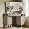 T4TREAM Fluted Makeup Vanity Desk with 3 Way Mirror and Lights, 48' Large Corner Vanity Table with Glass Top, Charging Station, 3 Drawers, Storage Cabinets & Shelves, for Bedroom, White Alder