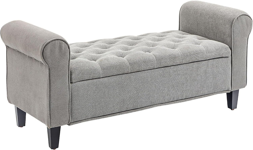 50' Storage Ottoman Bench, Upholstered End of Bed Bench with Rolled Arms, Wood Legs, Button Tufted Storage Bench with Safety Hinges for Living Room, Entryway, Bedroom, Gray