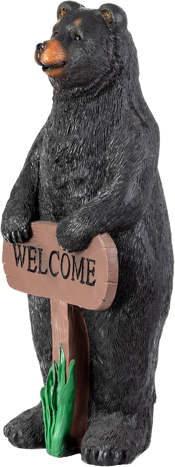 Alpine Corporation 36' Tall Outdoor Standing Black Bear with Welcome Sign Yard Statue Decoration