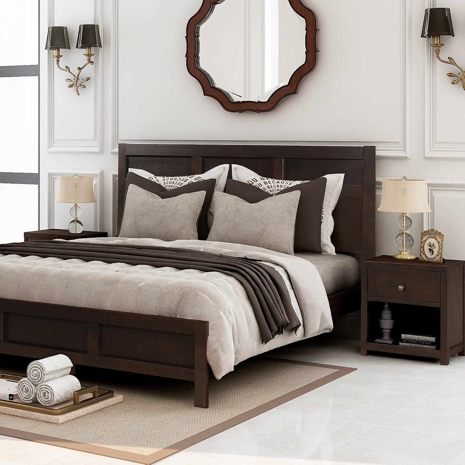 3 Pieces Full Size Bedroom Set, Solid Wood Full Size Platform Bed + 2 Night Stand, Platform Bed with Center Support Legs, Rustic Inviting Classic Brown, Distressed, Slightly Rustic Look