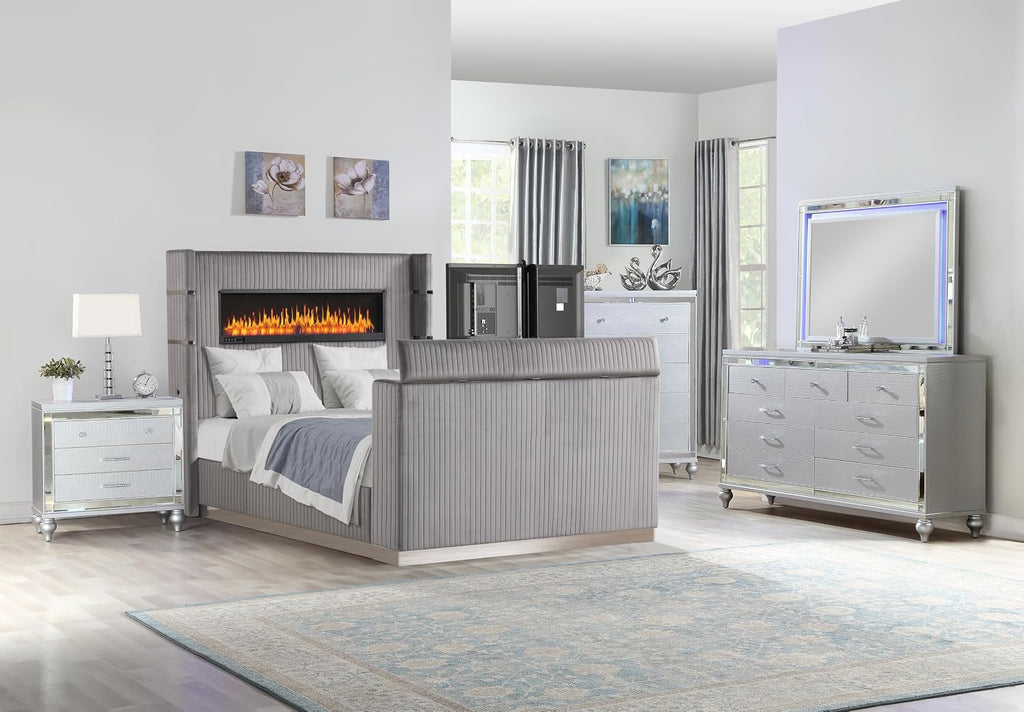 Lavish Modern Style 5 Pc King Bedroom Set Made with Fireplace in Headboard TV Stand in Footboard with Wood in Grey