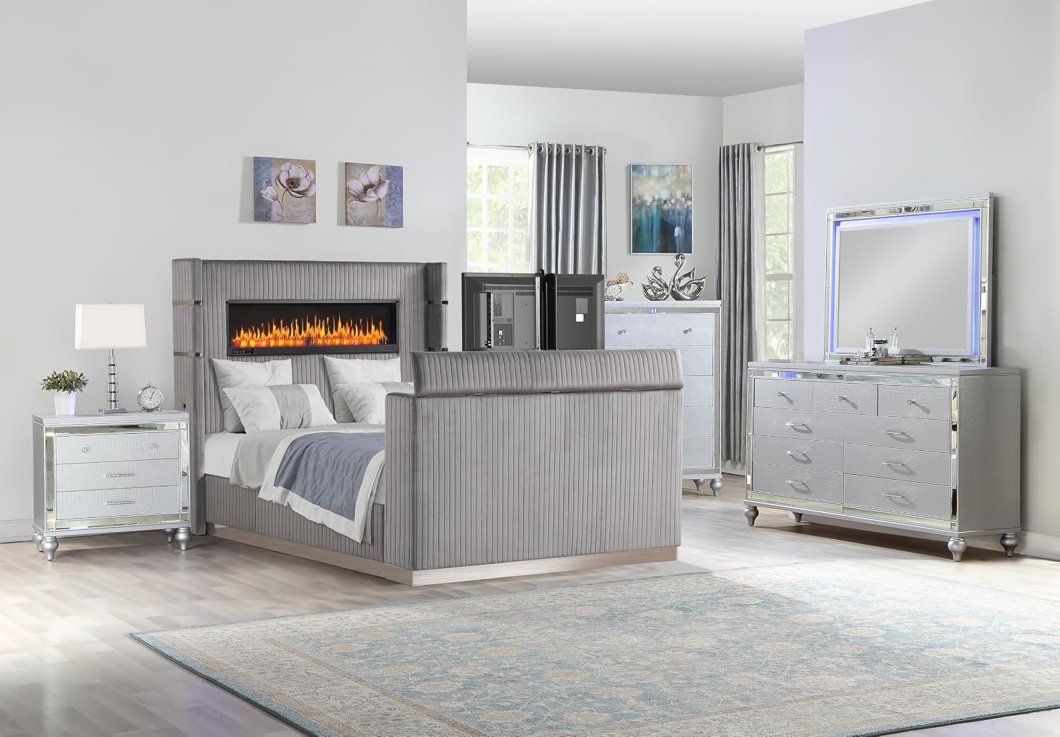 Lavish Modern Style 5 Pc King Bedroom Set Made with Fireplace in Headboard TV Stand in Footboard with Wood in Grey