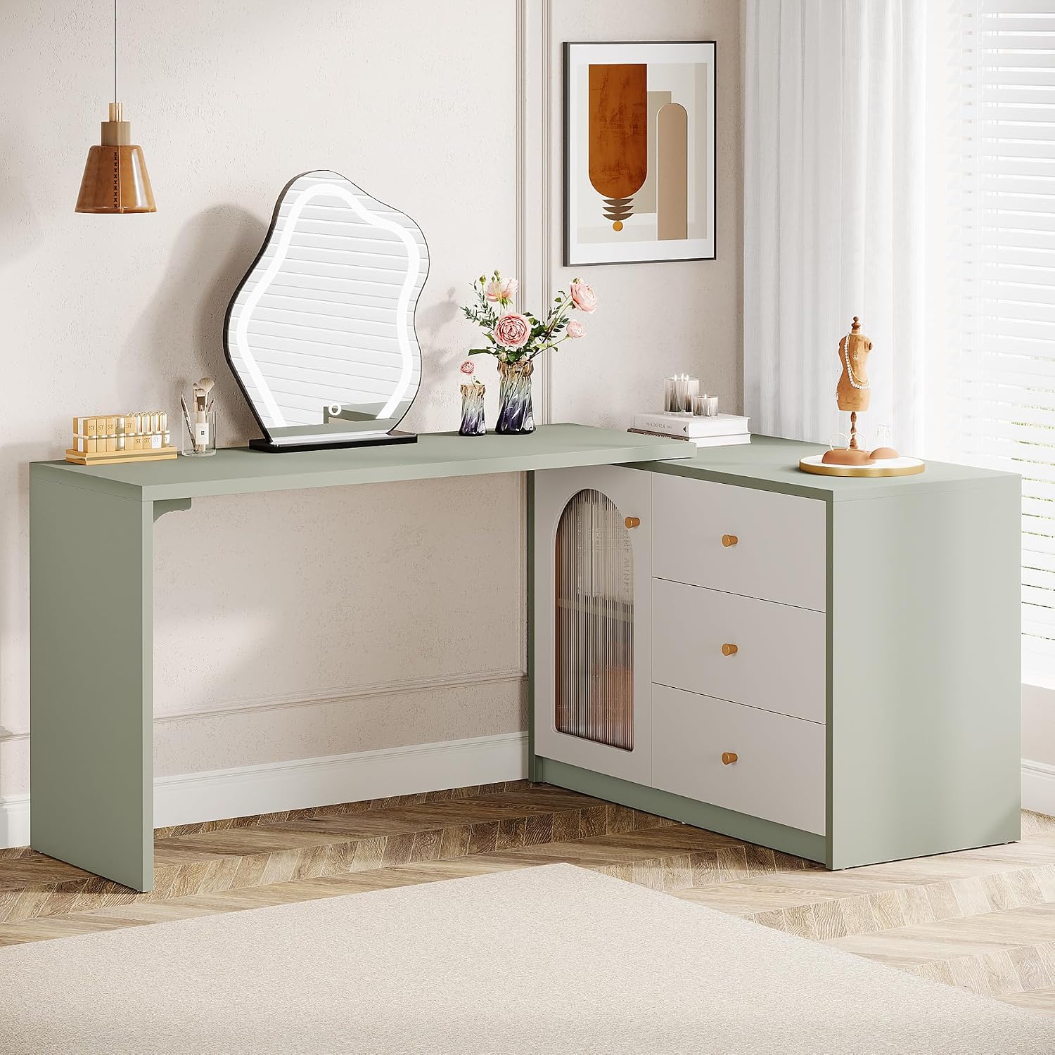 Tribesigns Modern Makeup Vanity, Retractable Large Vanity Desk with 3 Drawers and Cabinet, Makeup Corner Dressing Table for Bedroom, Light Green and White (Without Mirror)