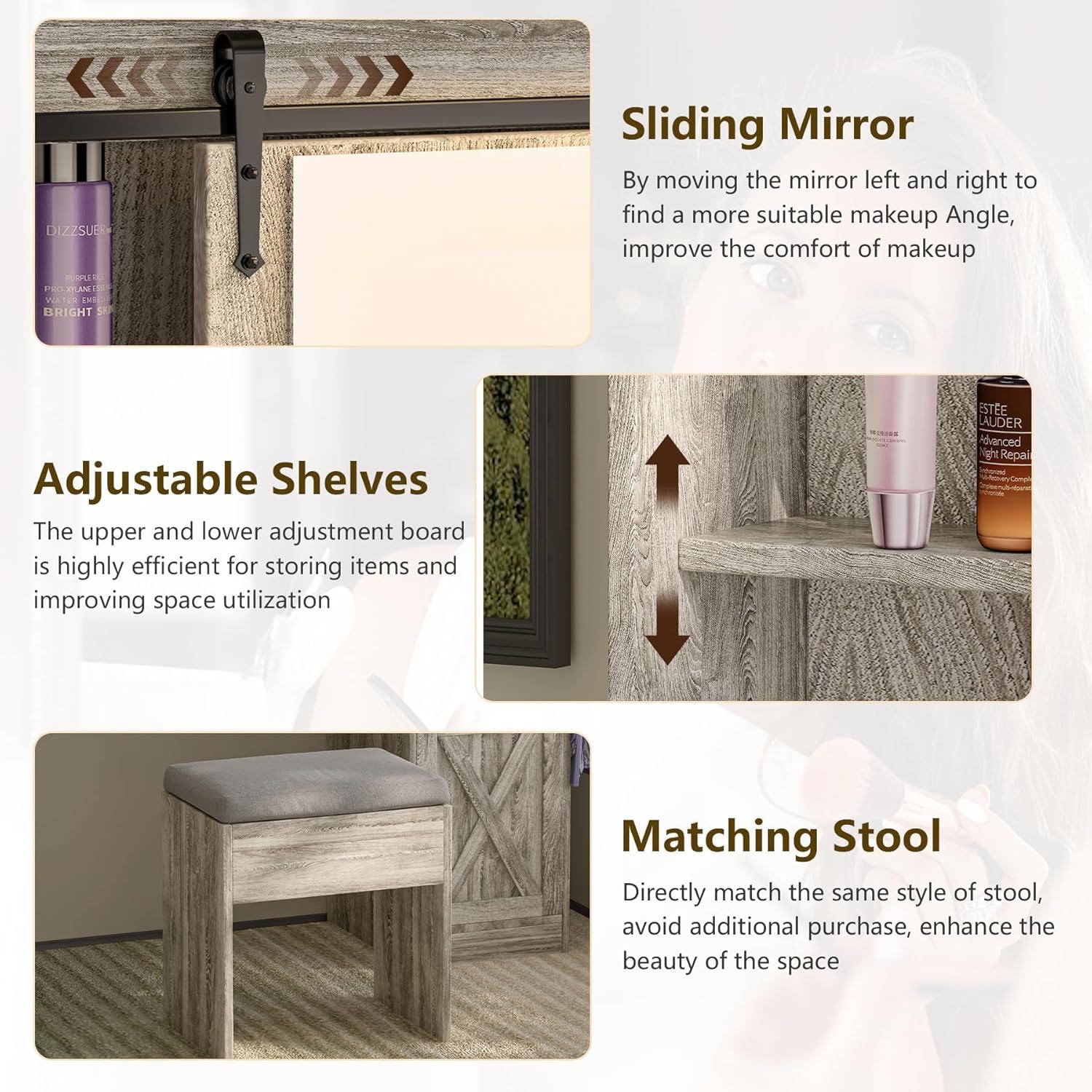 Farmhouse Vanity Desk with Mirror and Lights, 42' Makeup Vanity with Charging Station, 4 Drawers & Adjustable Shelves, Oak