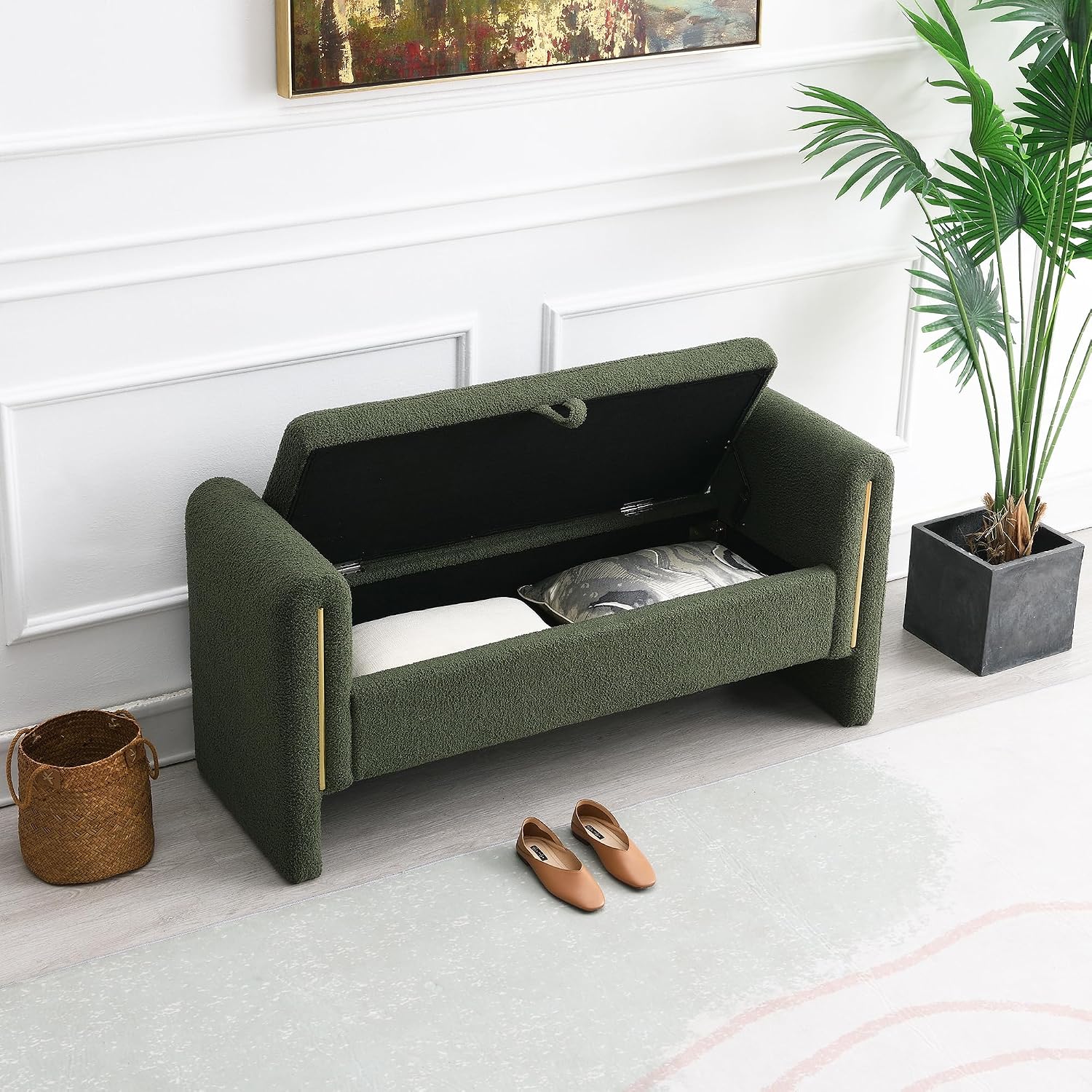 JIJIWANG Modern Bed End Bench with Arms and Storage, Upholstered Bed Bench Entryway Bench Ottoman Comfy Window Vanity Bench Footstool for Living Room,Bedroom,Olive Green