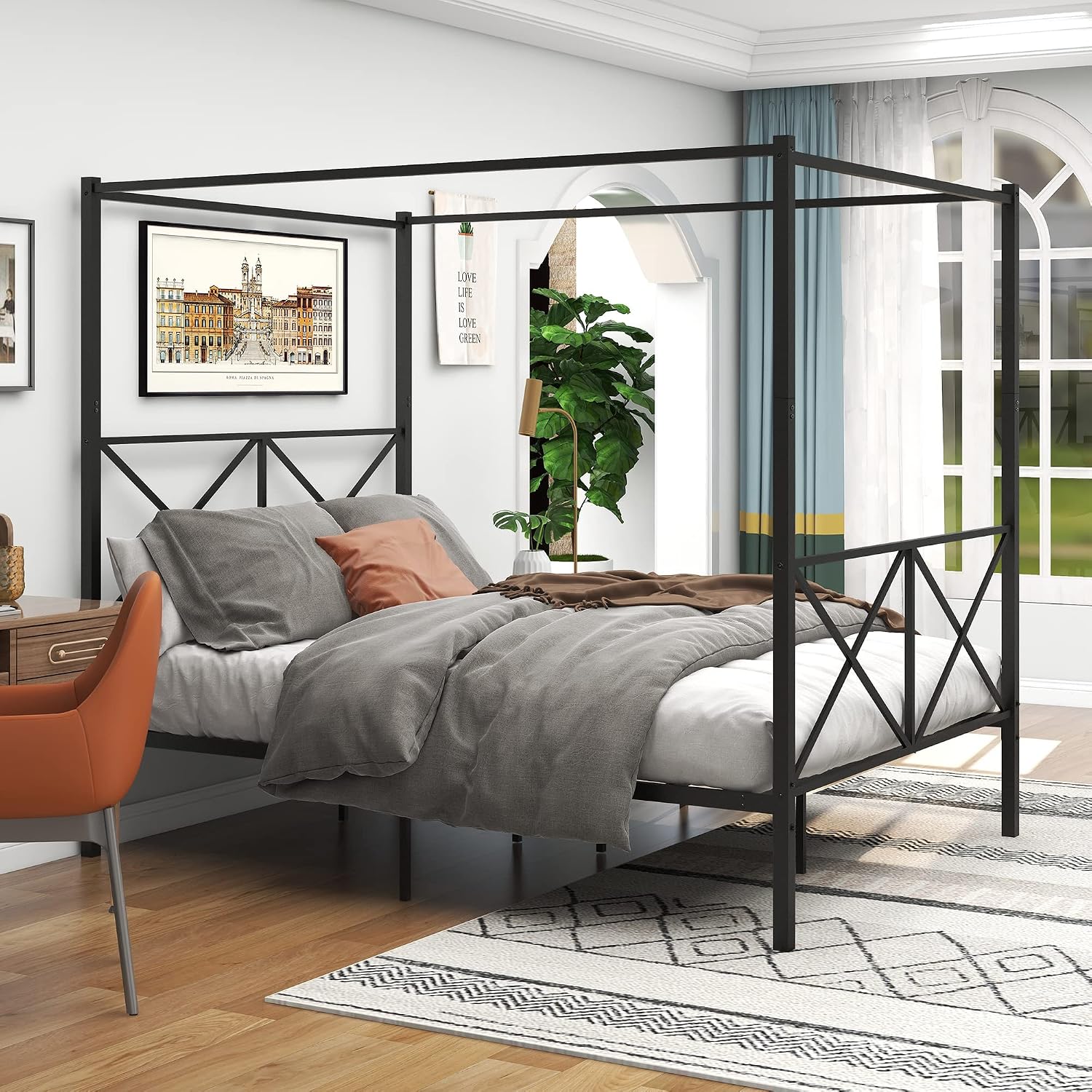 Queen Size Metal Canopy Bed, 4 Poster Canopy Platform Bed Frame with Crisscross Headboard and Footboard - Queen