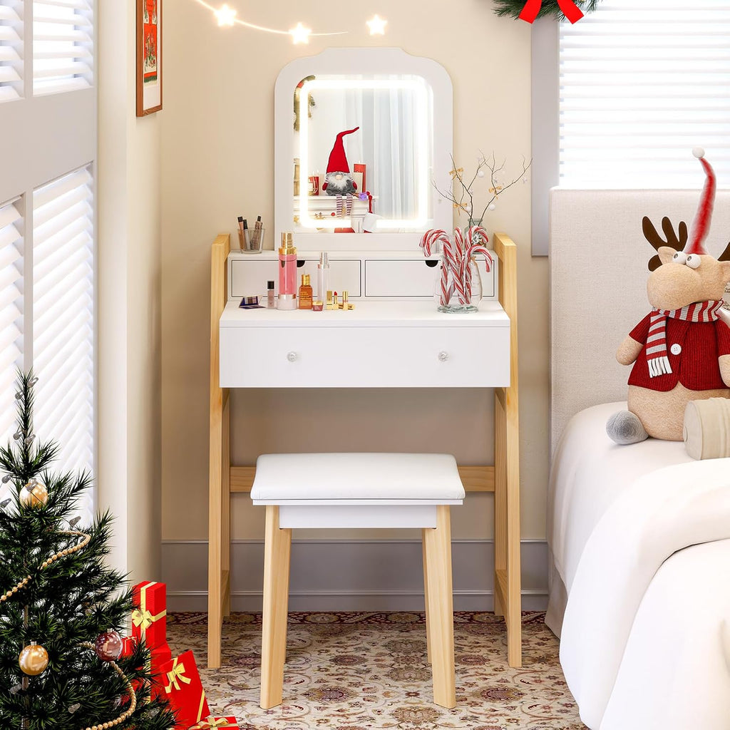 CHARMAID Small Vanity Desk with Mirror and Lights, White Makeup Vanity Desk with 3 Drawers, Adjustable Heights, 3 Color Lighting Modes, Compact Bedroom Dressing Table with Stool for Small Space