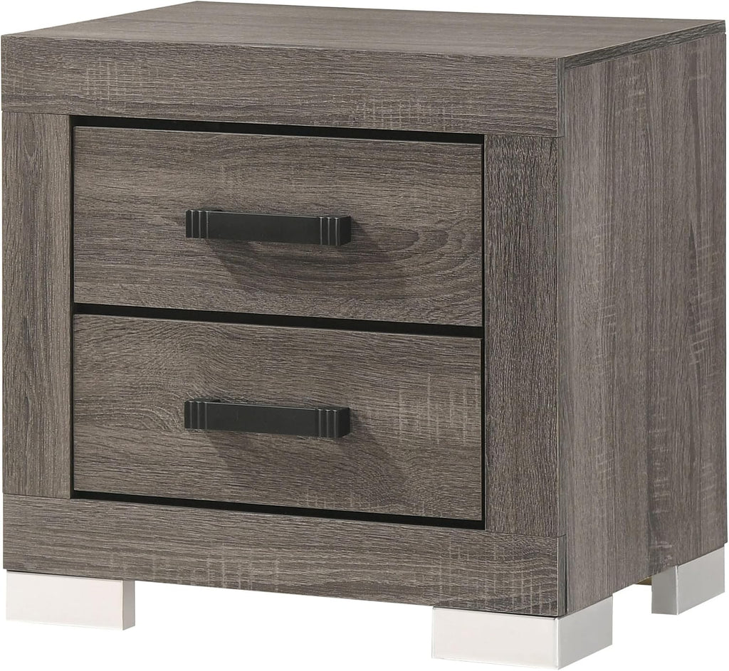 Kings Brand Furniture 3-Piece Oak Gray with Chrome Legs Bedroom Set - Wood Bed Frame with 2 Nightstands (King)