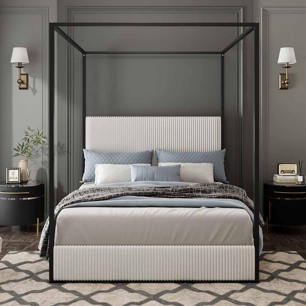 Modern Luxury 4-Poster Canopy Platform Bed King Size with Velvet Upholstered Tall Headboard, Metal Canopied Design Platform Bed Frame with Strong Slats Support (White+Black+King)