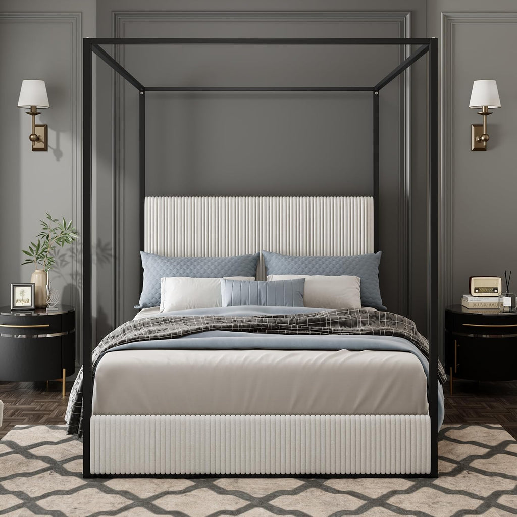 Modern Luxury 4-Poster Canopy Platform Bed Queen Size with Velvet Upholstered Tall Headboard, Metal Canopied Design Platform Bed Frame with Strong Slats Support (White+Black)