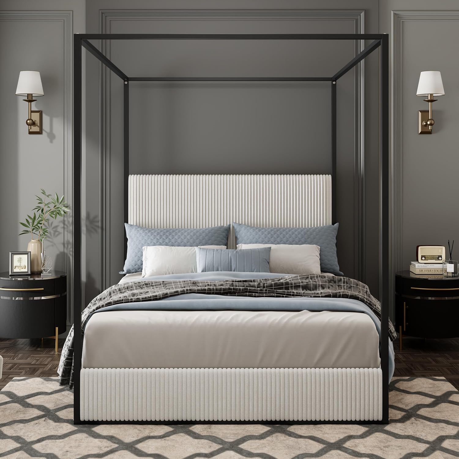 Modern Luxury 4-Poster Canopy Platform Bed Queen Size with Velvet Upholstered Tall Headboard, Metal Canopied Design Platform Bed Frame with Strong Slats Support (White+Black)