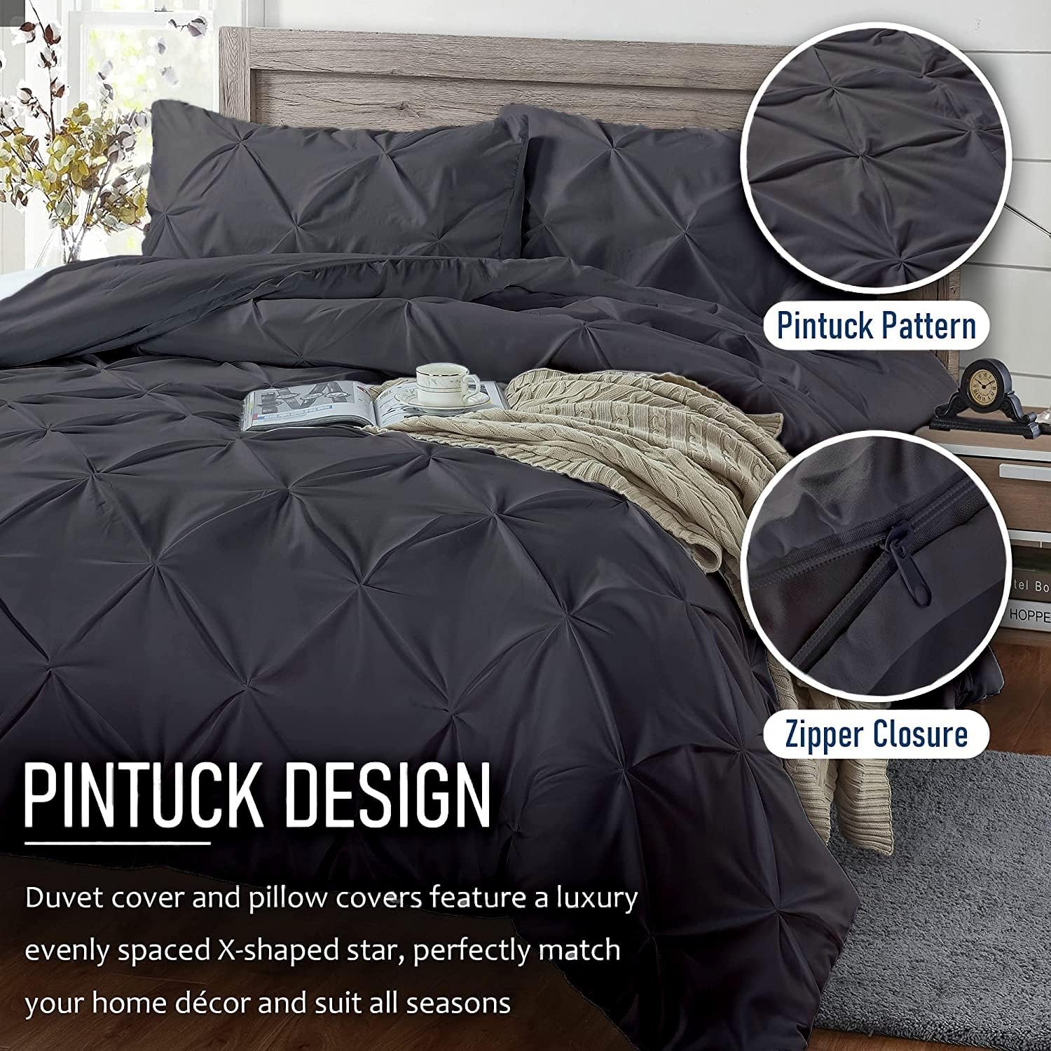 Crown Collection 1000-TC Hypoallergenic Ultra Soft Design 100% Egyptian Cotton Super King Plus 120X120 Dark Gray Solid Pinch Pleated Duvet Cover with Zipper Colser & 2pcs Pillow Case Set