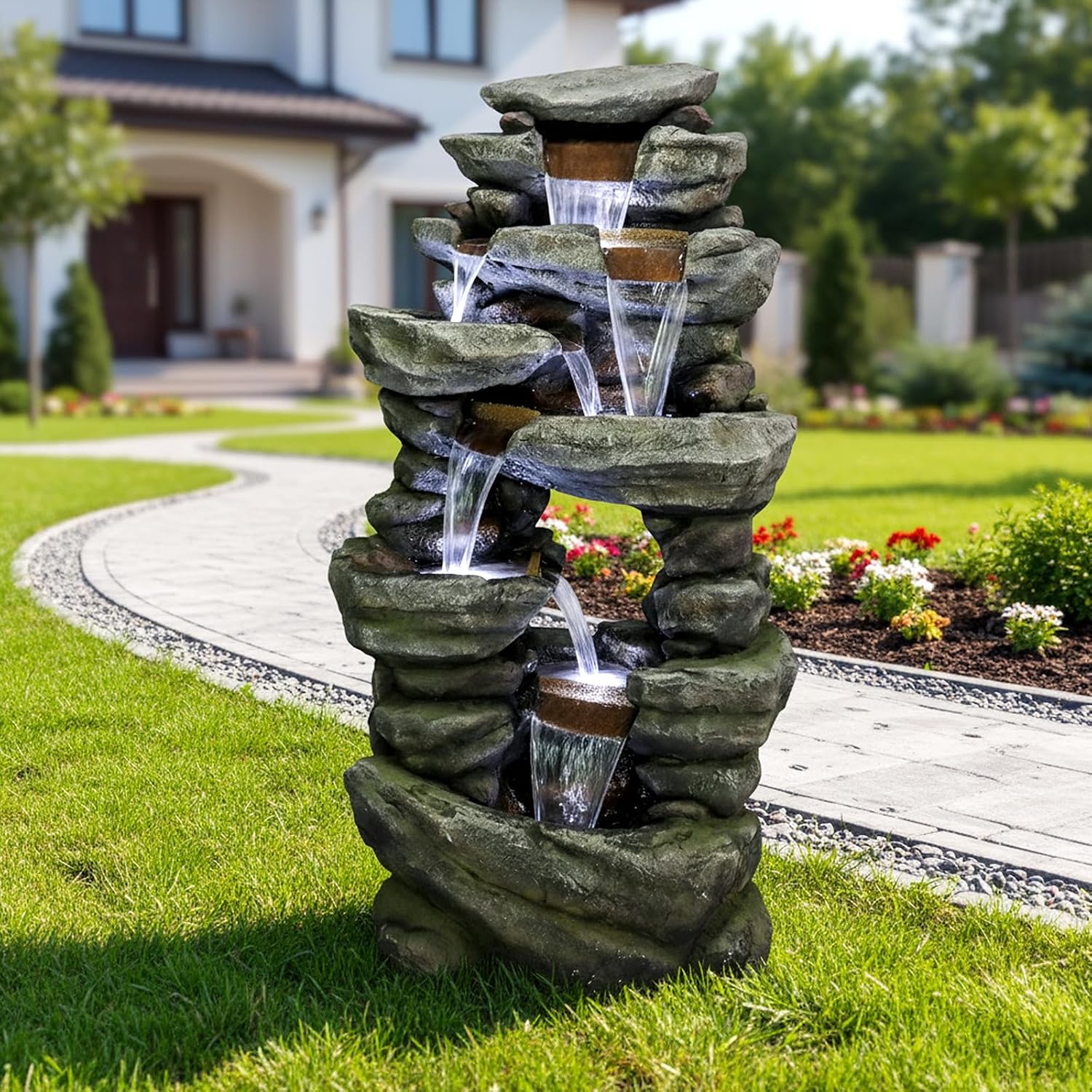 Naturefalls 60' High Outdoor Rock Water Fountain with LED Lights - Mutil-Tiers Poly-Resin Cascading Waterfall Fountain for Garden, Patio, Yard, Home Decor